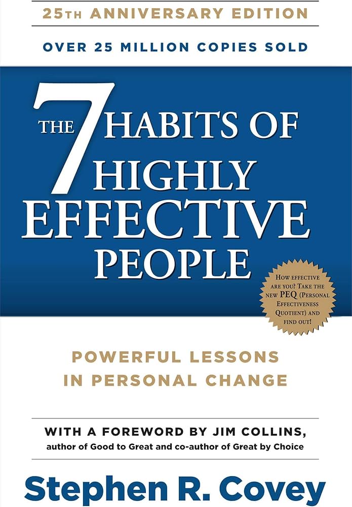 Cover of The 7 Habits of Highly Effective People with a blue and white design.