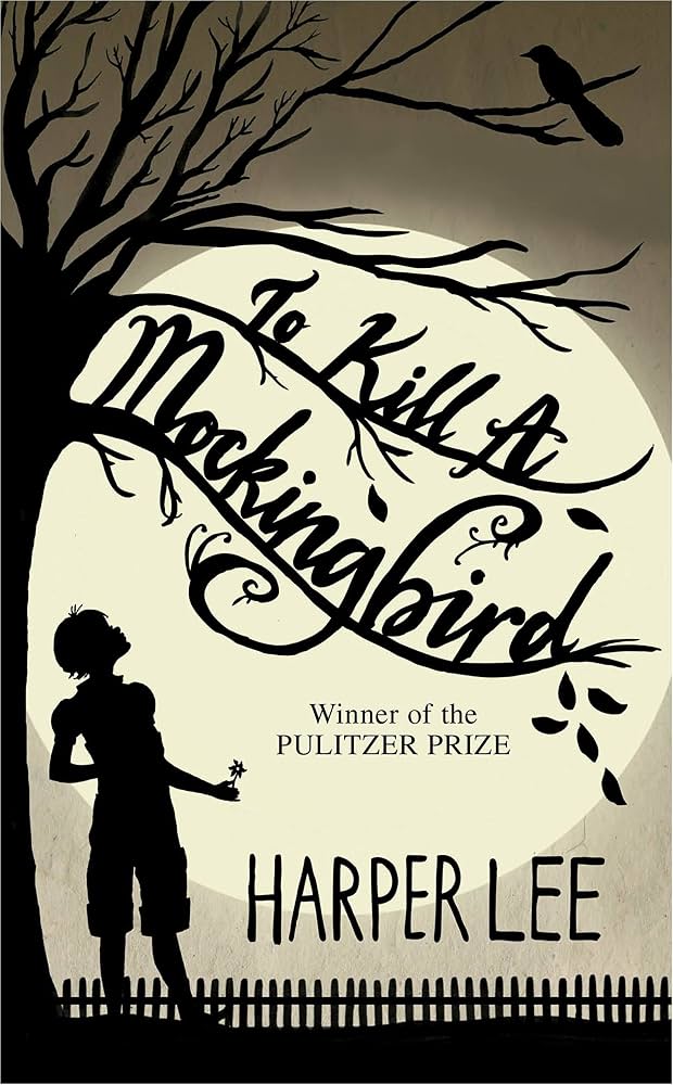 Cover of To Kill a Mockingbird with a monochrome tree illustration.