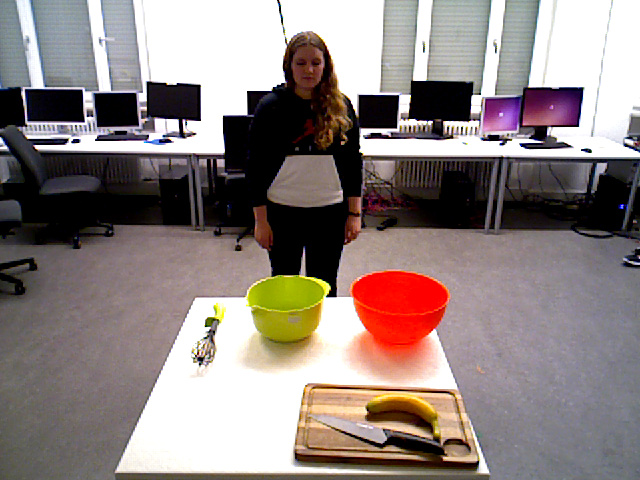 RGB camera frame showing a person standing behind a table with a bowl and bottle.
